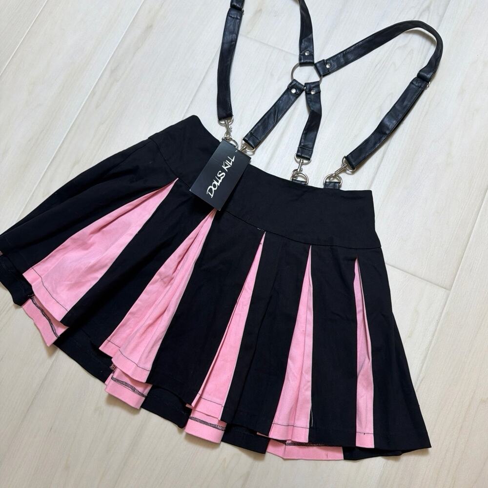 Dolls Kill Current Mood Two Tone Suspender Pleated Mini Skirt Pink Black Size XL